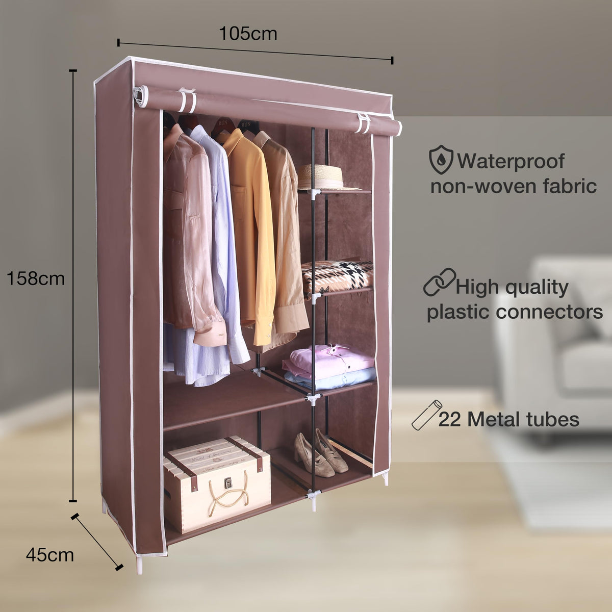 AROME PUR brown double canvas wardrobe with rail and shelves – 158cm