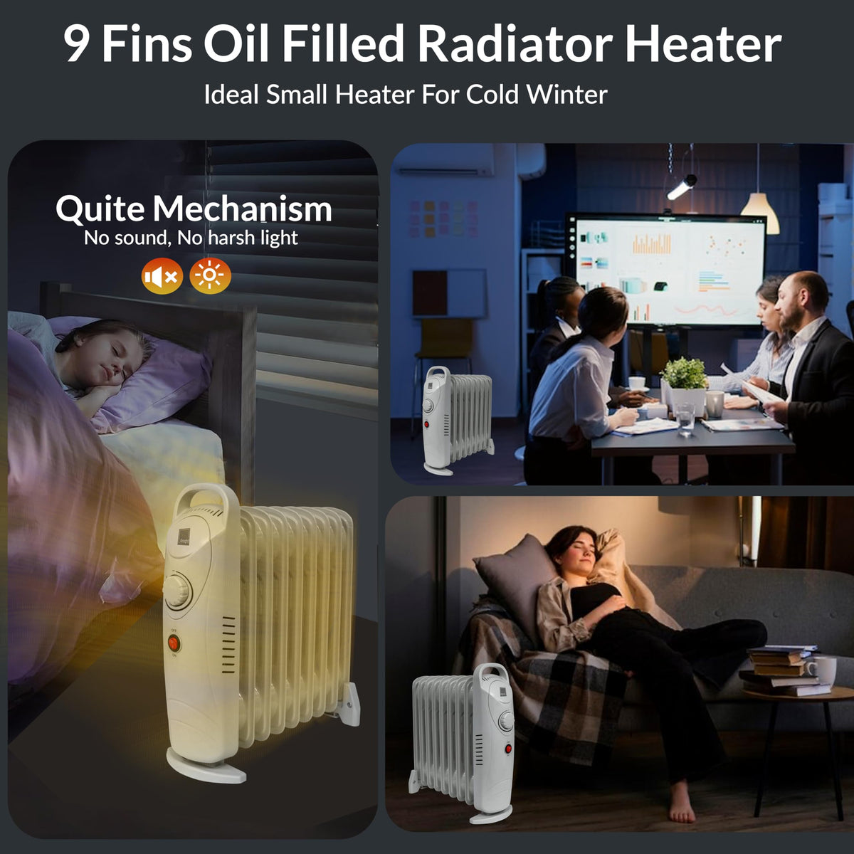 1000W 9-fin oil-filled radiator heater in white