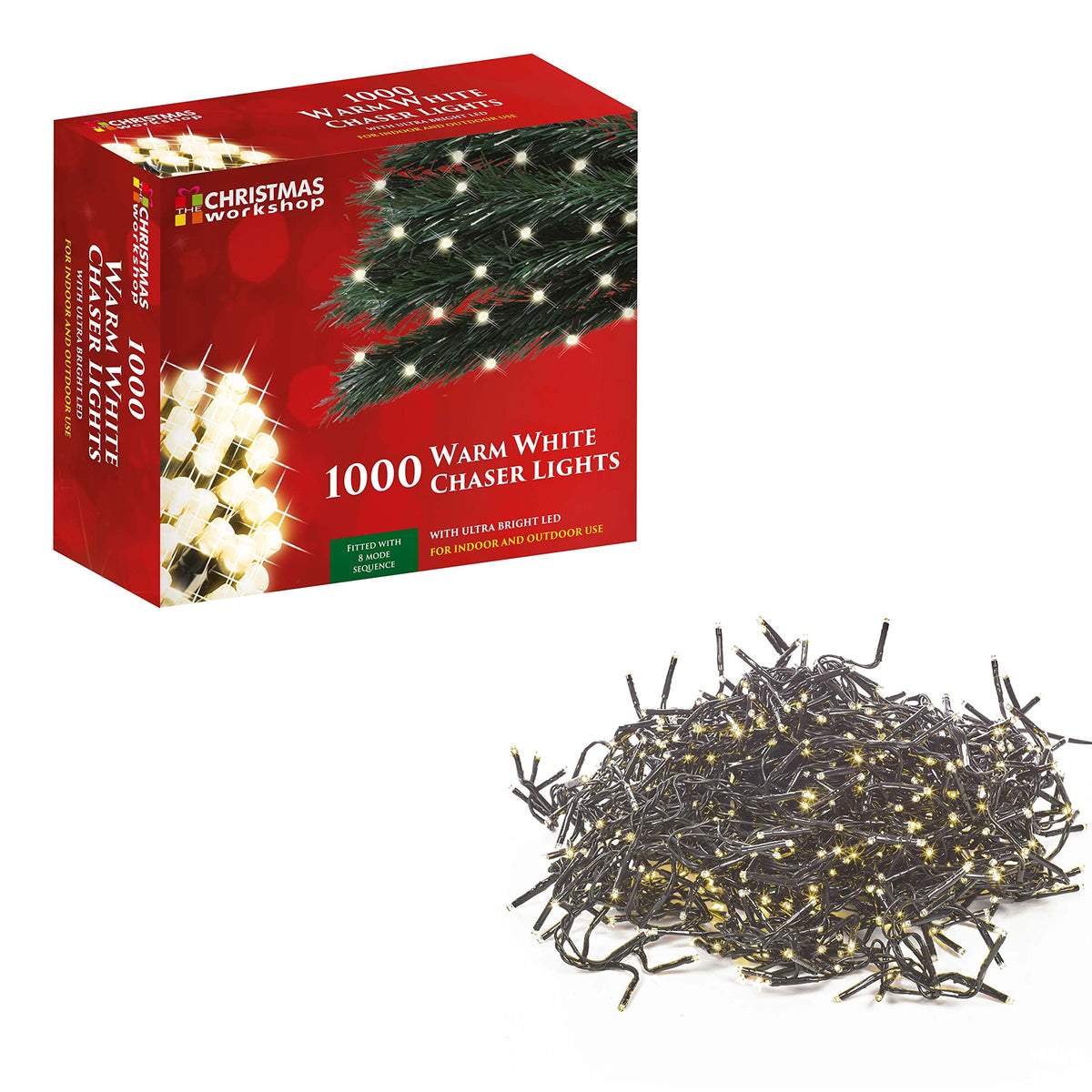 1000 warm white LED chaser Christmas lights – 69.9m