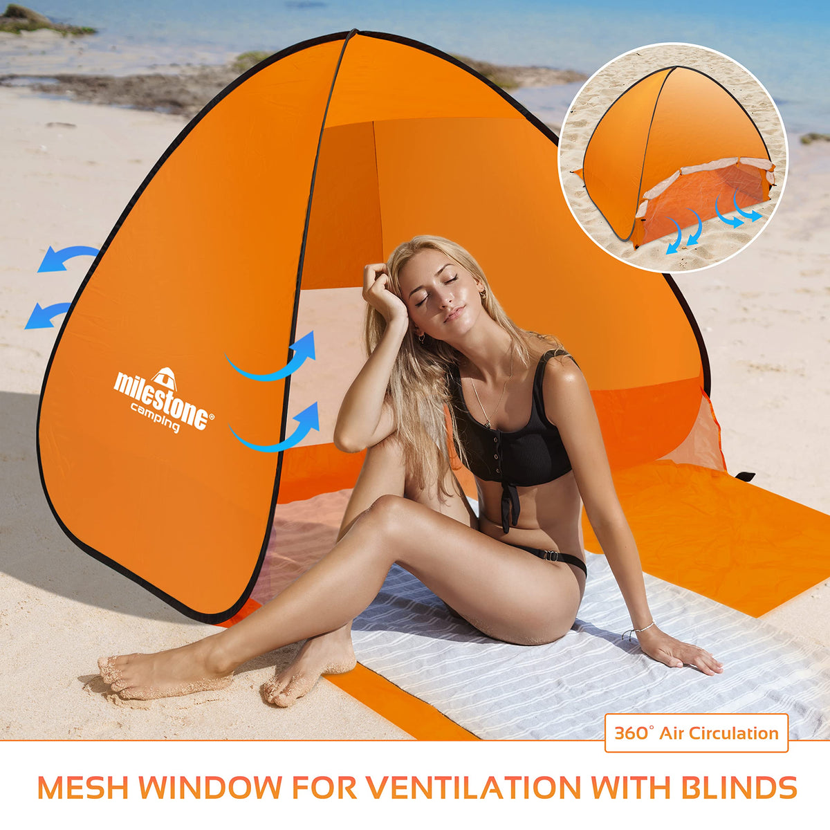 Milestone beach tent with guy ropes and heavy-duty pegs