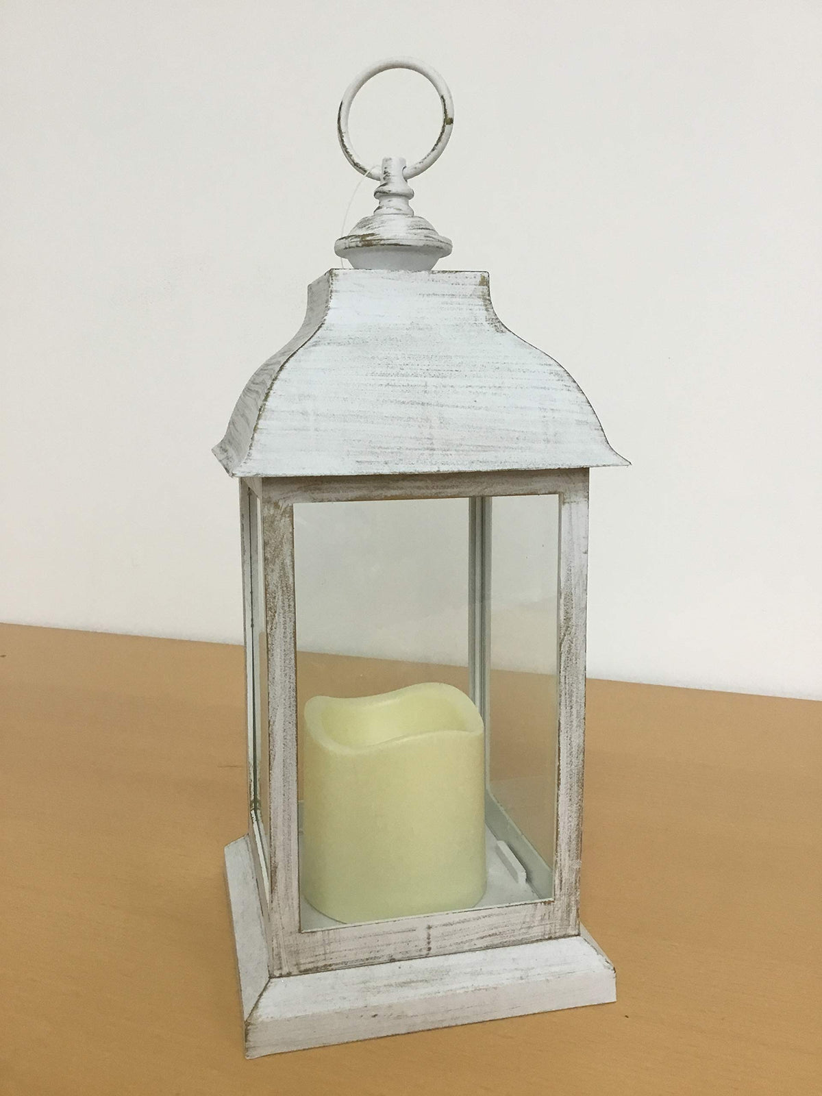 GardenKraft 30cm rustic white LED flickering candle lantern