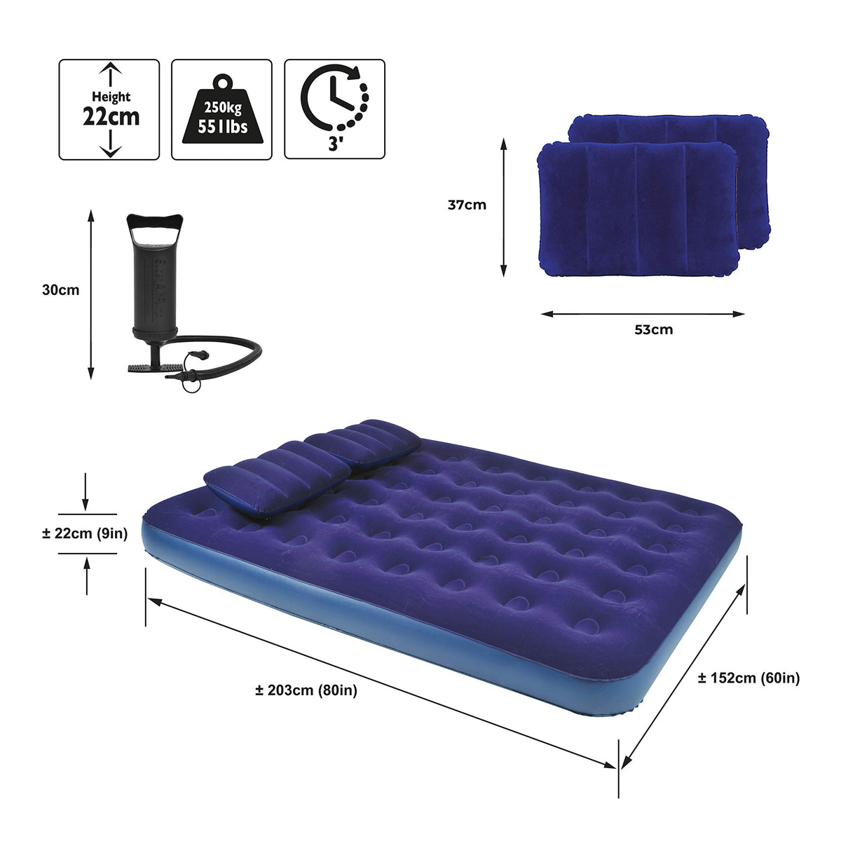 Avenli queen flocked airbed with built-in pillow and hand pump