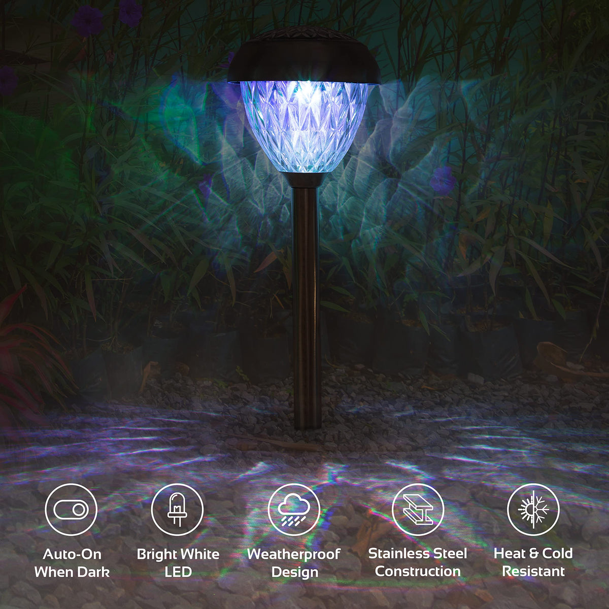 Four solar garden lights with automatic dusk sensor