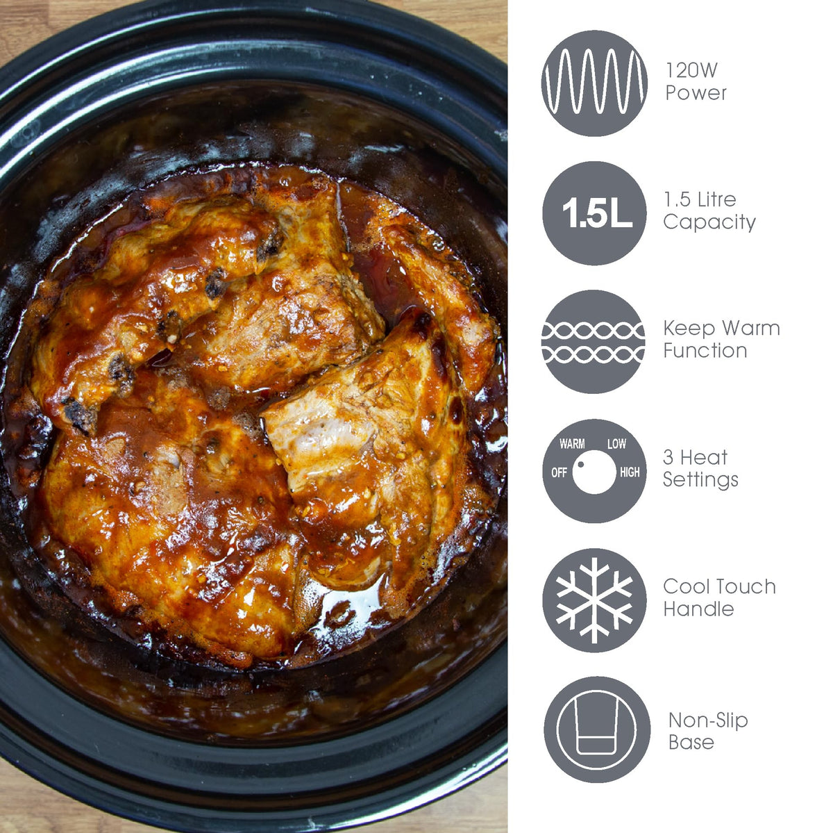 Quest 1.5L stainless steel slow cooker, 120W