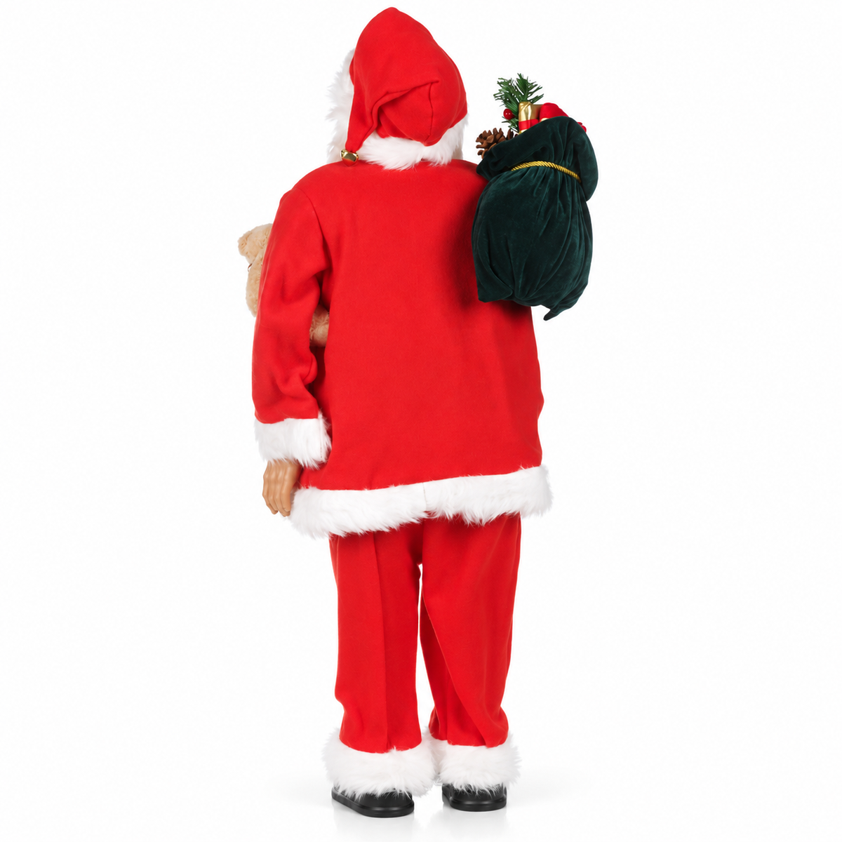 Close-up of 90cm Santa Christmas figure with white beard, gold detail and teddy bear