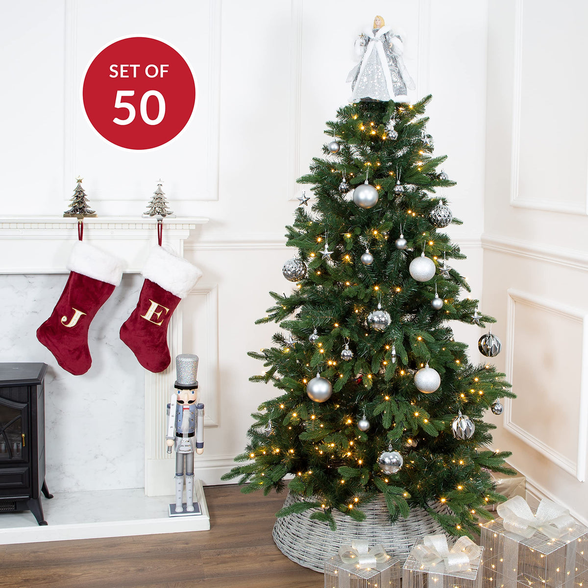 Silver shatterproof Christmas baubles set of 50 mixed sizes