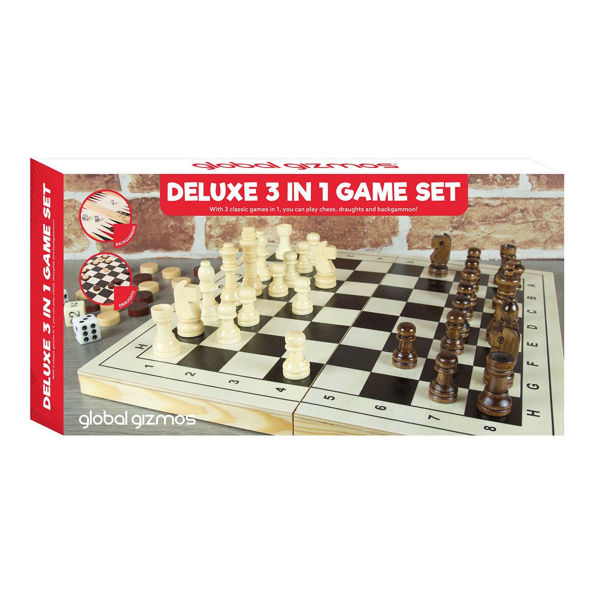 Global Gizmos wooden 3-in-1 chess draughts and backgammon game set