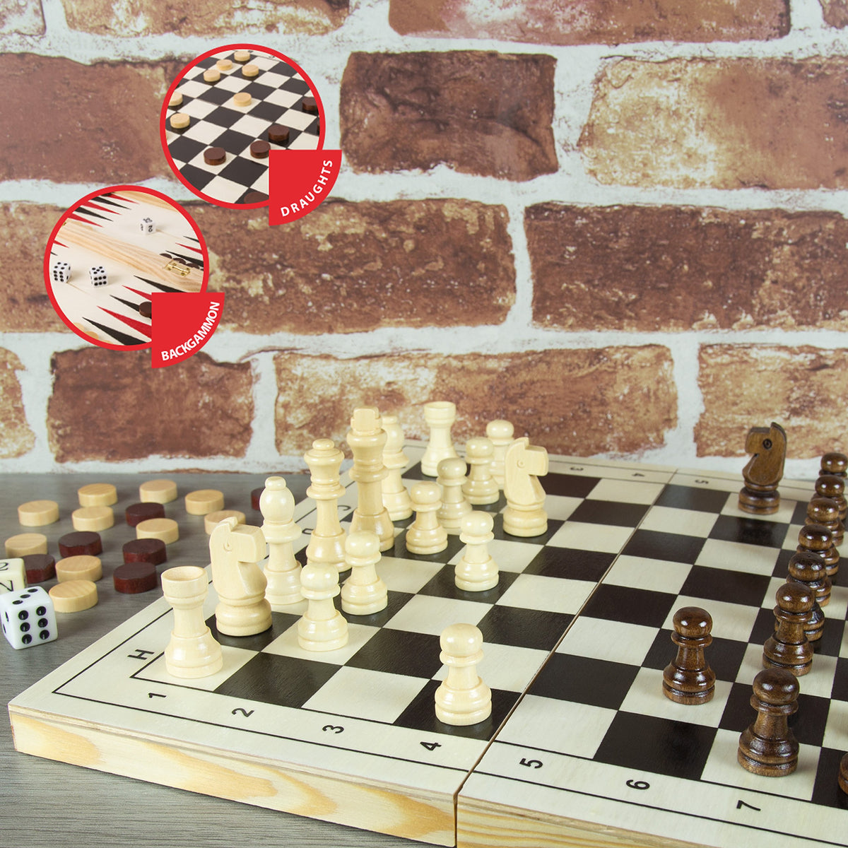 Global Gizmos wooden 3-in-1 chess draughts and backgammon game set