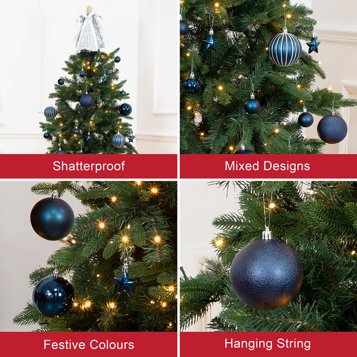 Navy shatterproof Christmas baubles set of 50 mixed sizes