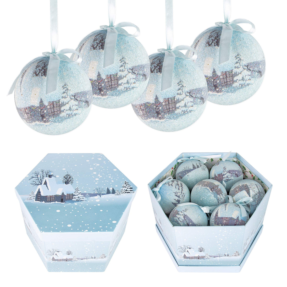 Gift-boxed set of 14 blue and white snow village Christmas baubles