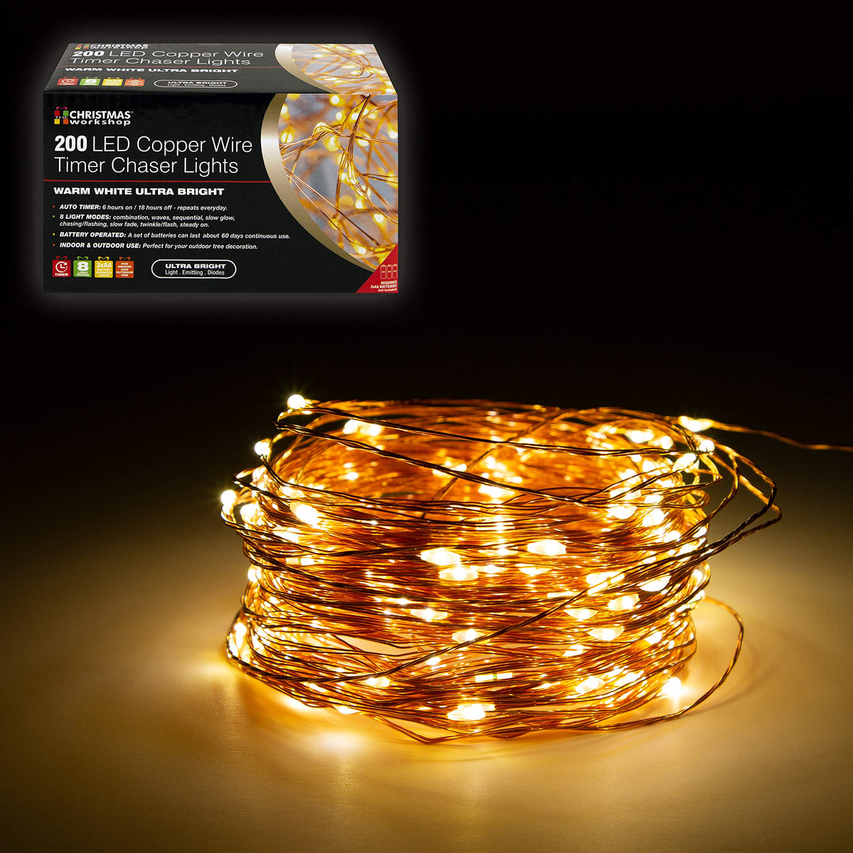 200 warm white LED copper wire Christmas lights – 19.9m