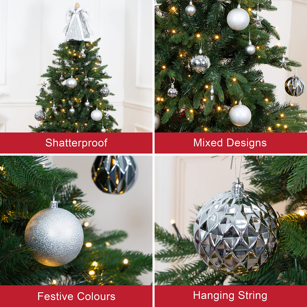 Silver shatterproof Christmas baubles set of 50 mixed sizes