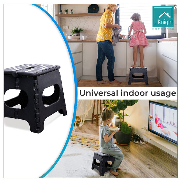 Knight Plastic Folding Step Stool, Strong Heavy Duty Skid Resistant Stool for Kids and Adults, White Black Grey, H29 x L27 x W22 CM (Black)