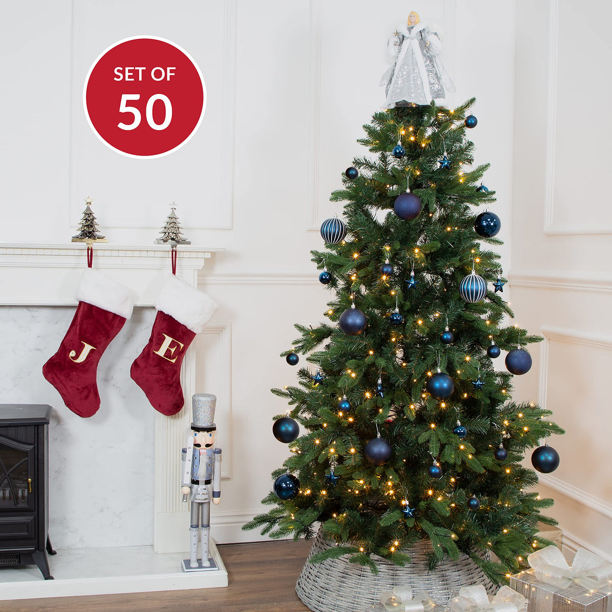Navy shatterproof Christmas baubles set of 50 mixed sizes