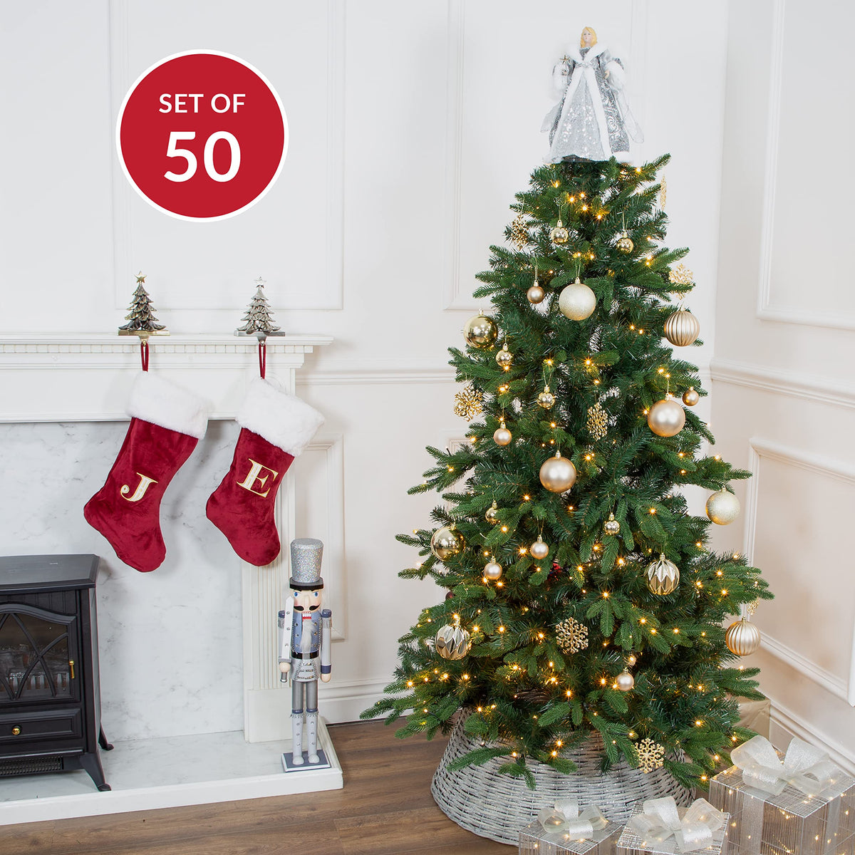 Champagne shatterproof Christmas baubles set of 50 mixed sizes