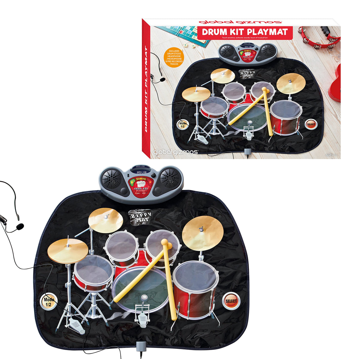 Global Gizmos drum kit music playmat with drumsticks