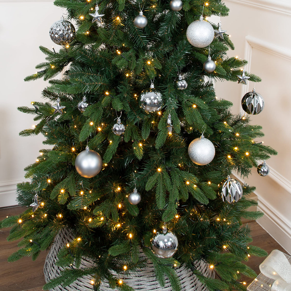 Silver shatterproof Christmas baubles set of 50 mixed sizes