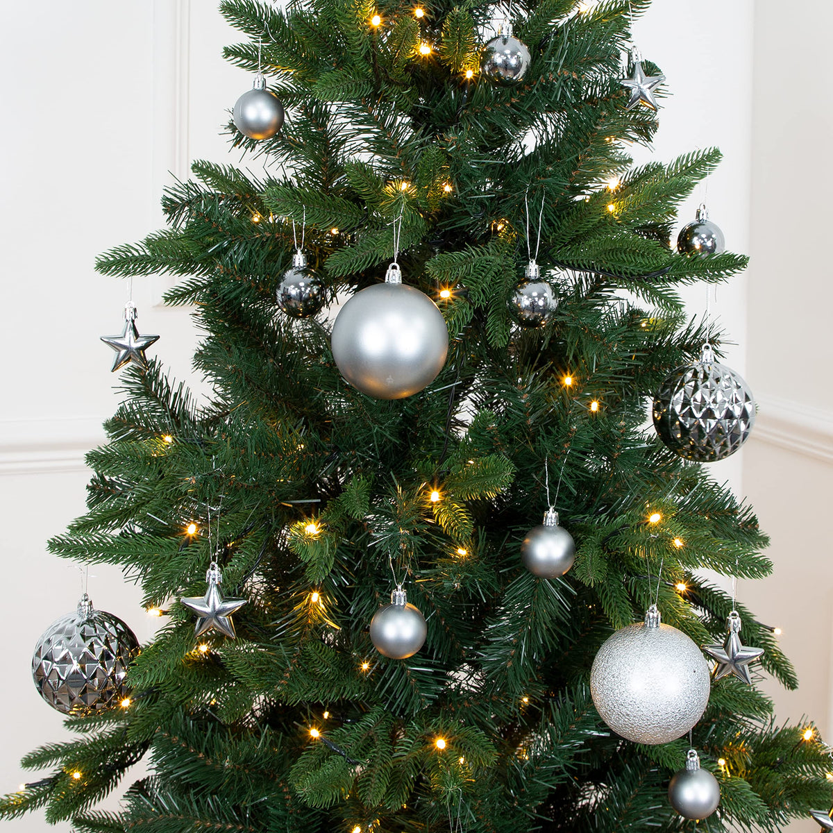 Silver shatterproof Christmas baubles set of 50 mixed sizes