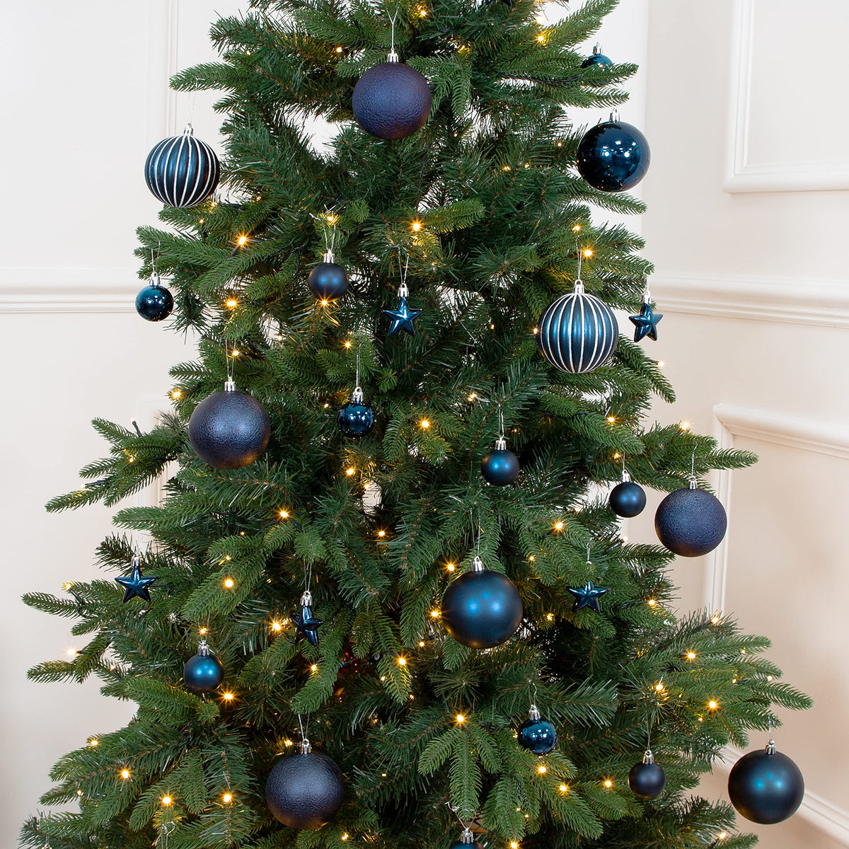 Navy shatterproof Christmas baubles set of 50 mixed sizes