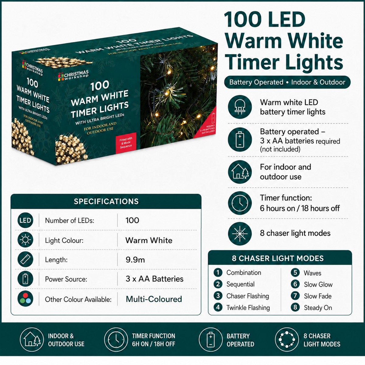 100 LED warm white battery operated Christmas timer lights, 6 hours on 18 hours off