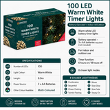 100 LED warm white battery operated Christmas timer lights, 6 hours on 18 hours off