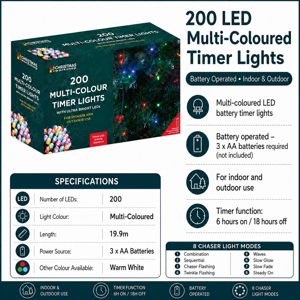 200 LED multi-colour battery operated Christmas timer lights, 6 hours on 18 hours off