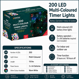 200 LED multi-colour battery operated Christmas timer lights, 6 hours on 18 hours off