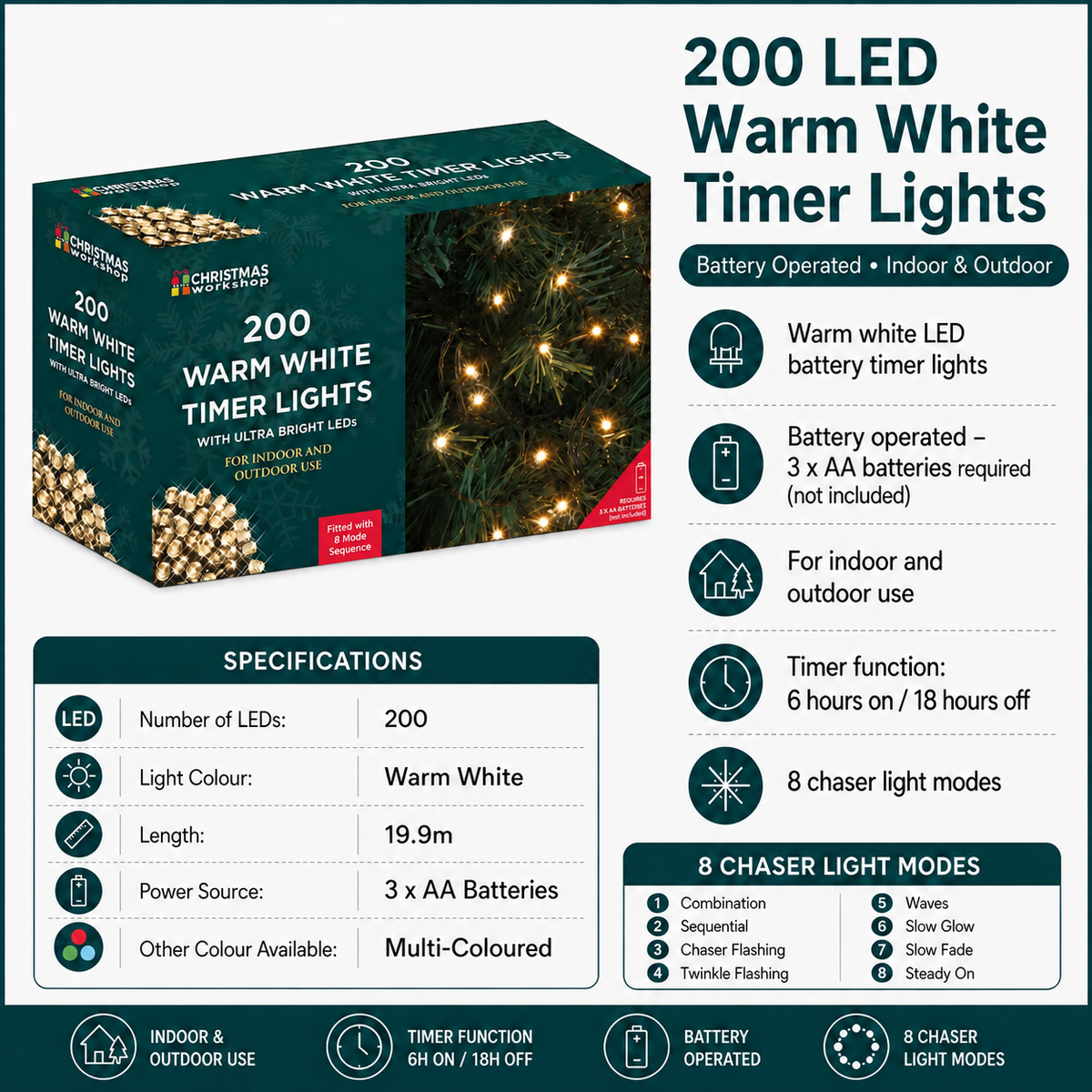200 LED warm white battery operated Christmas timer lights, 6 hours on 18 hours off