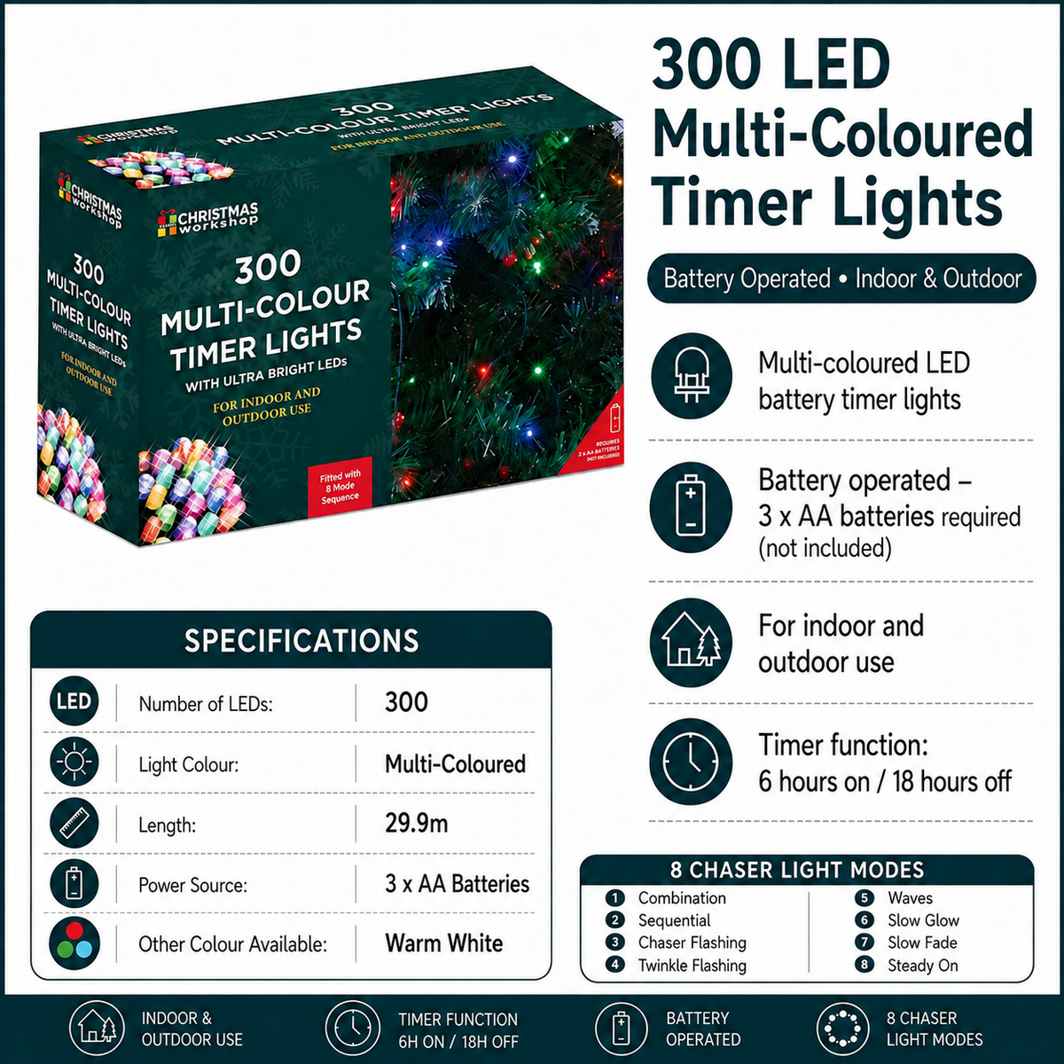 300 LED multi-colour battery operated Christmas timer lights, 6 hours on 18 hours off