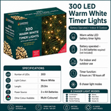 300 LED warm white battery operated Christmas timer lights, 6 hours on 18 hours off