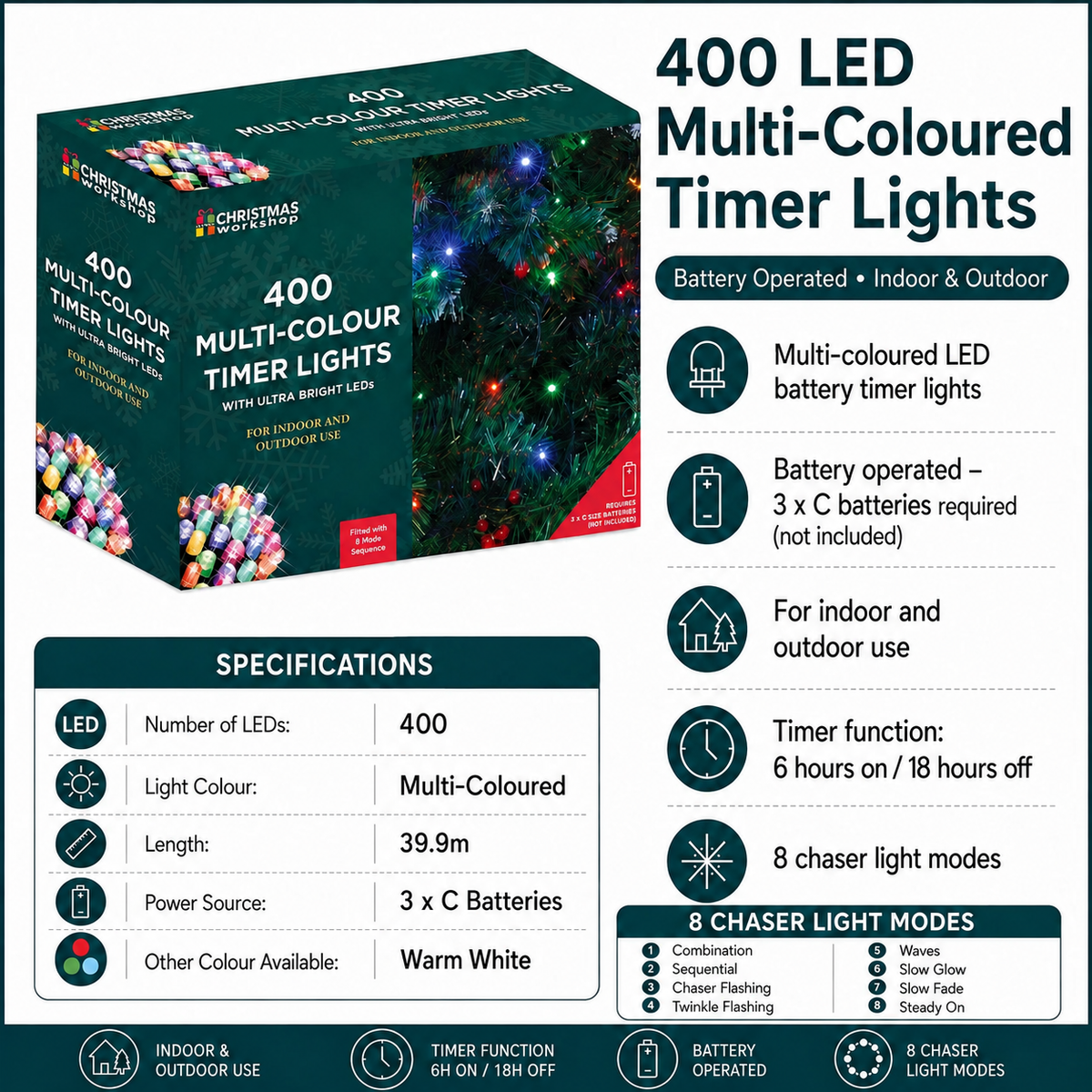 400 LED multi-colour battery operated Christmas timer lights, 6 hours on 18 hours off