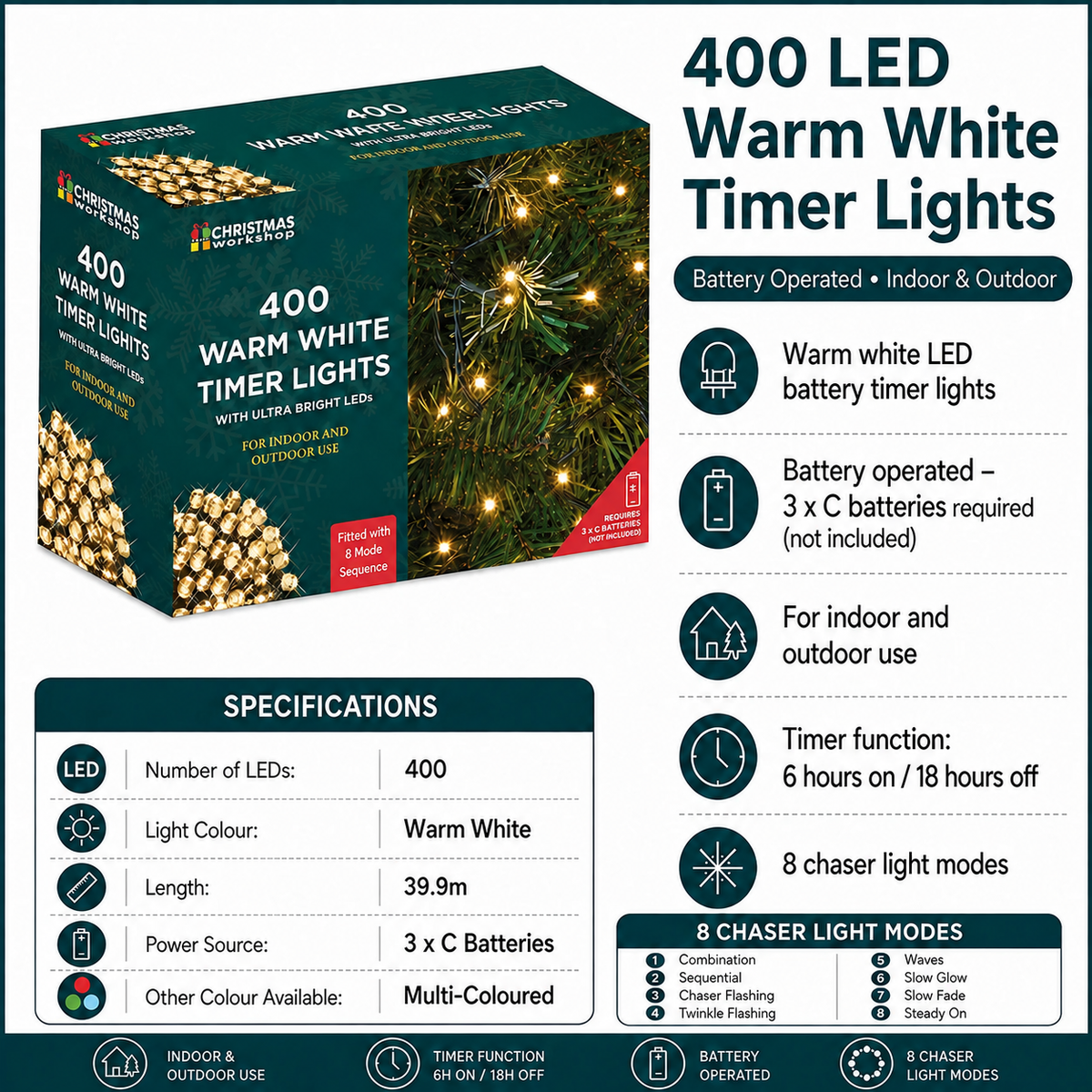 400 LED warm white battery operated Christmas timer lights, 6 hours on 18 hours off
