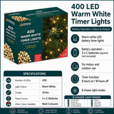 400 LED warm white battery operated Christmas timer lights, 6 hours on 18 hours off