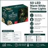 50 LED warm white battery operated Christmas timer lights, 6 hours on 18 hours off