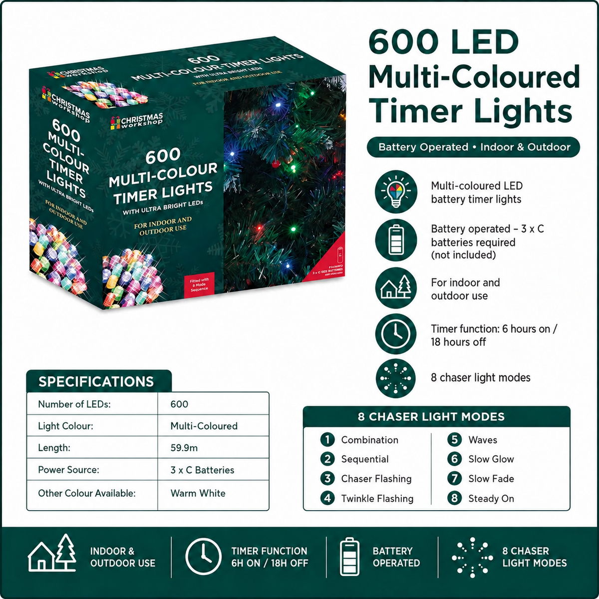 600 LED multi-colour battery operated Christmas timer lights, 6 hours on 18 hours off