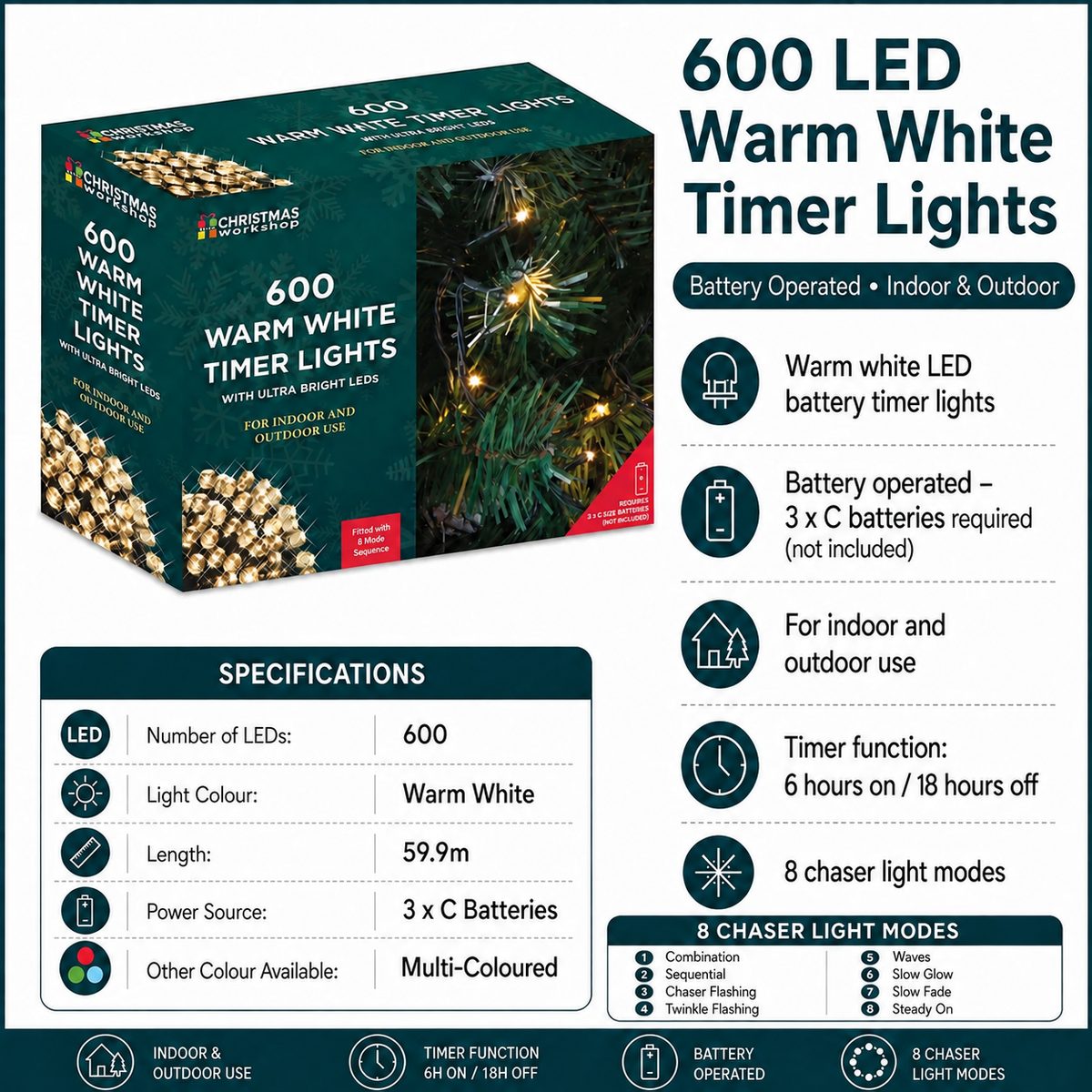 600 LED warm white battery operated Christmas timer lights, 6 hours on 18 hours off