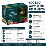 600 LED warm white battery operated Christmas timer lights, 6 hours on 18 hours off
