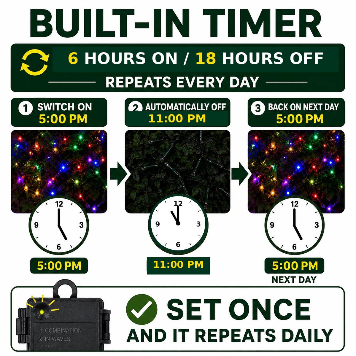 Battery Christmas lights timer guide showing 6 hours on and 18 hours off, repeating daily