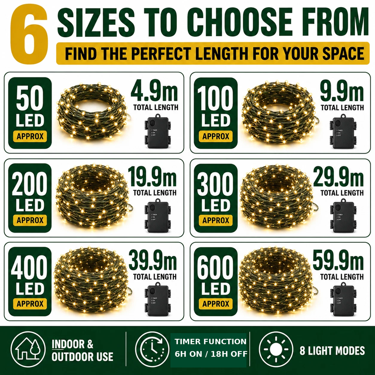 Warm white battery Christmas lights size guide, 50 to 600 LEDs