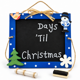 Blue wooden Christmas countdown chalkboard with chalk and mini duster