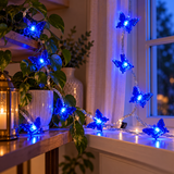 Blue LED butterfly battery lights used in an indoor decorative display
