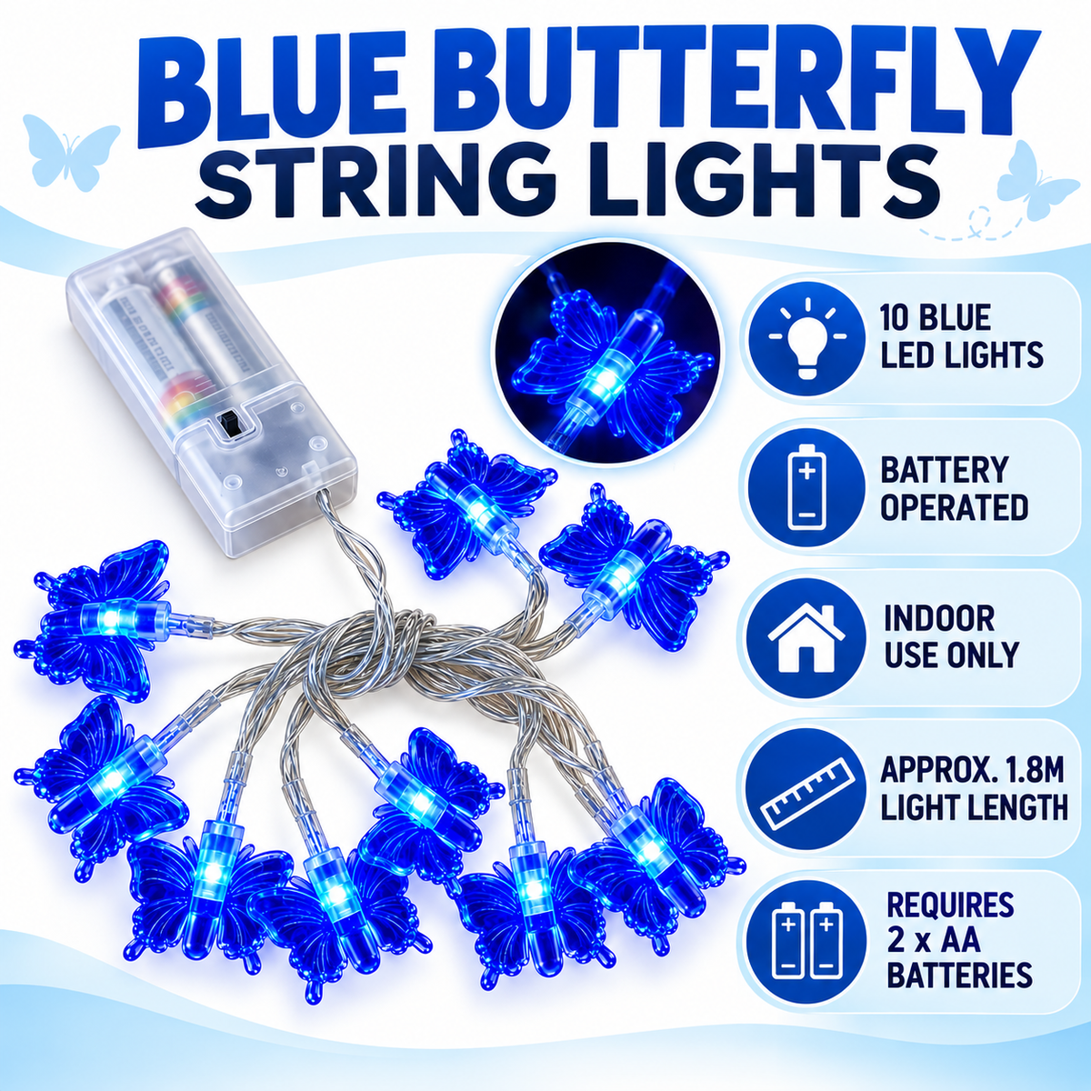 Close-up of blue LED butterfly fairy lights