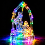 Colour-changing LED Nativity scene illuminated against a dark background