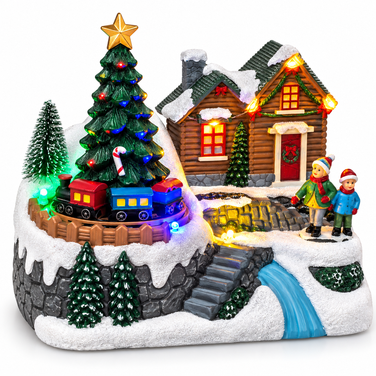 Animated Christmas village with moving train and multicoloured LED lights