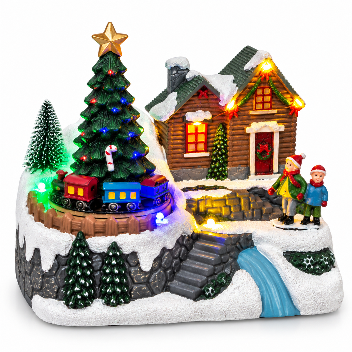 Illuminated Christmas village with revolving train, tree and snowy house