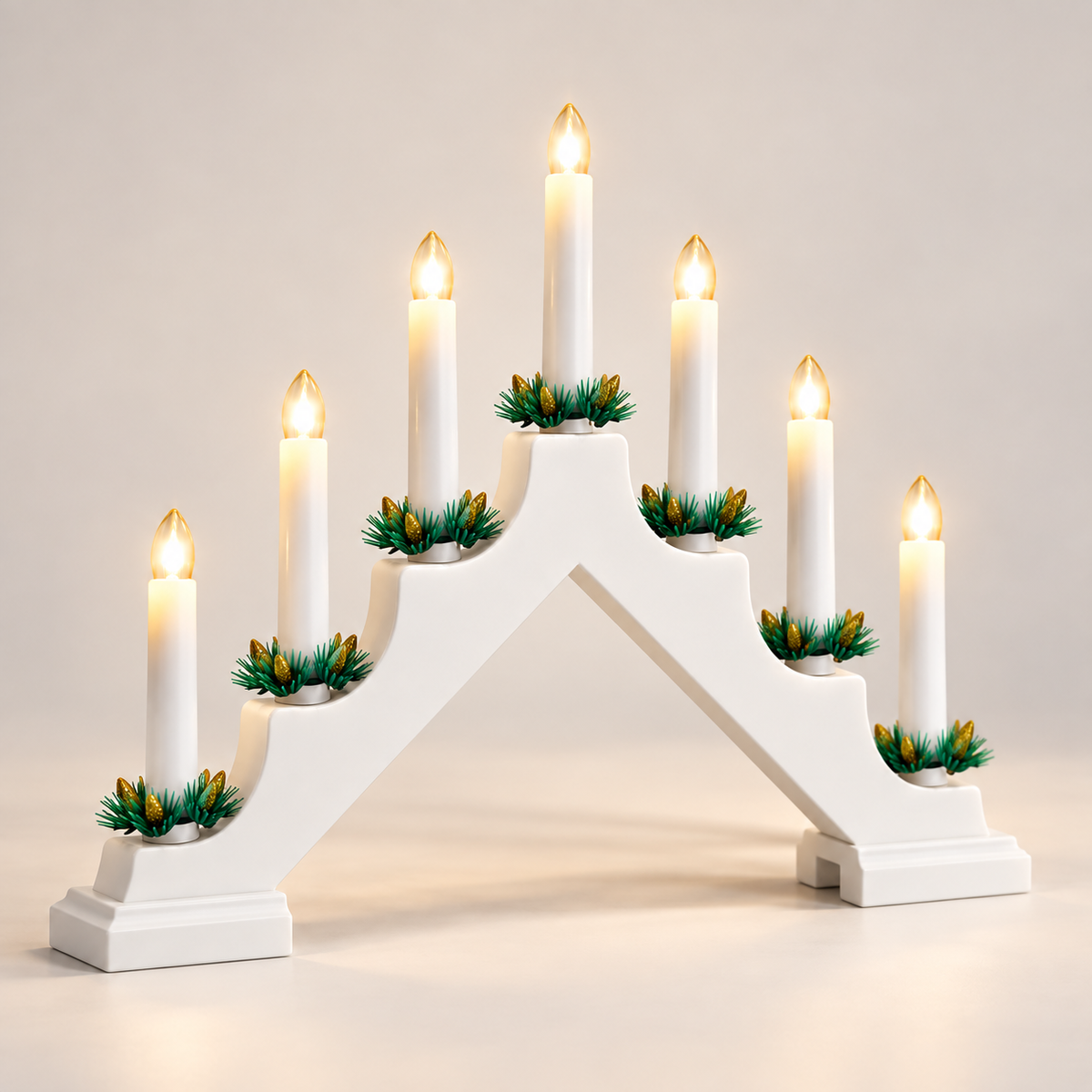 White seven-candle Christmas bridge angled product view