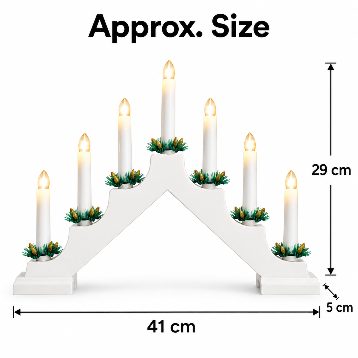 White seven-candle Christmas bridge size guide, approximately 41 x 29 x 5cm