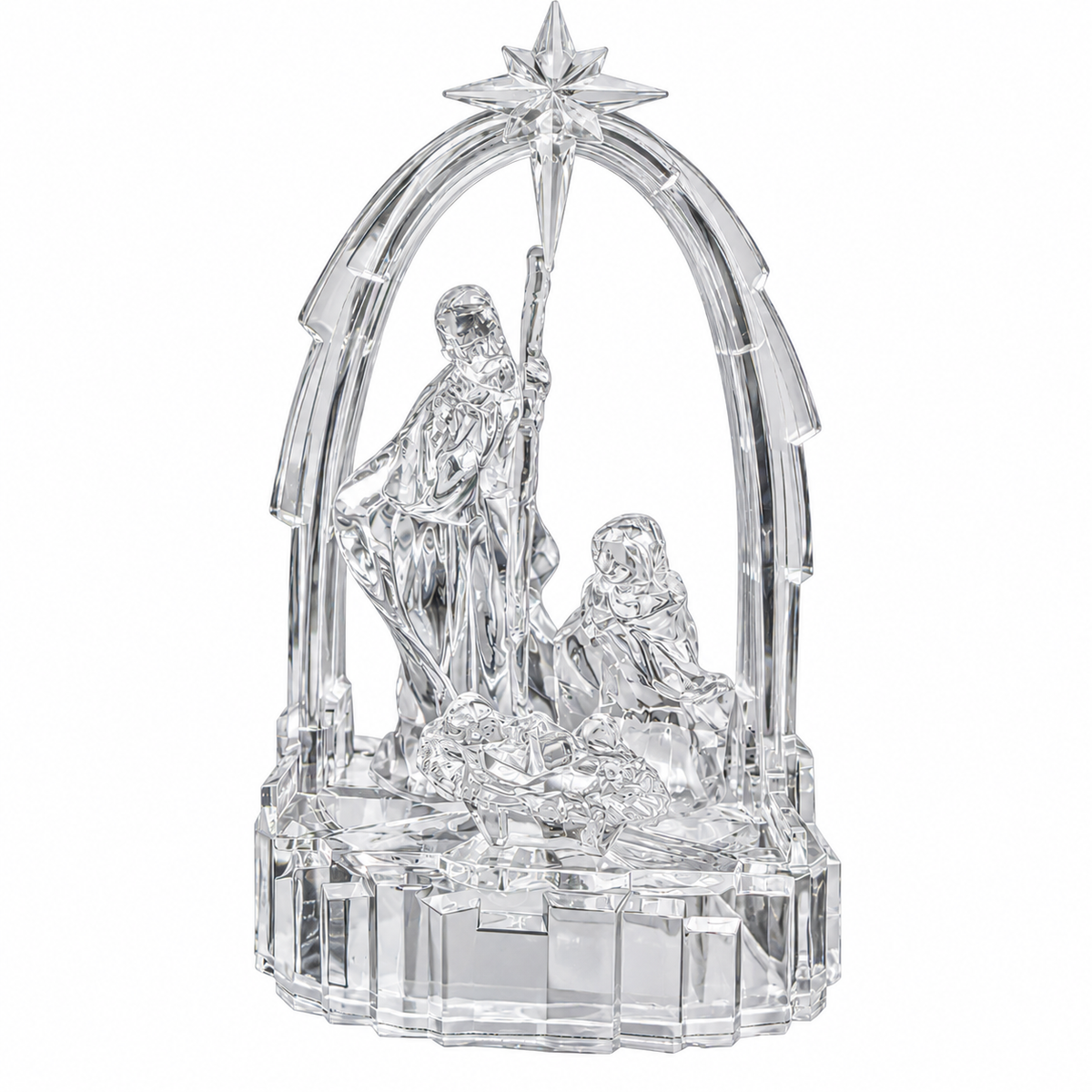 Clear acrylic Christmas Nativity scene shown unlit