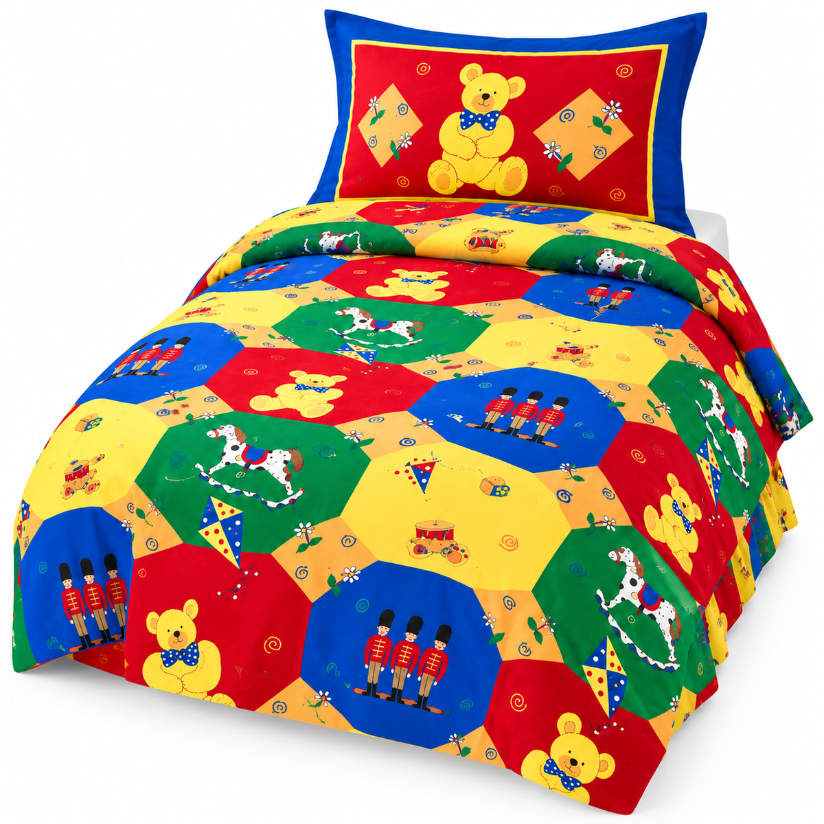 Ted's Toys single children's duvet cover and matching pillowcase, colourful patchwork teddy bears rocking horses and toy soldiers, white background
