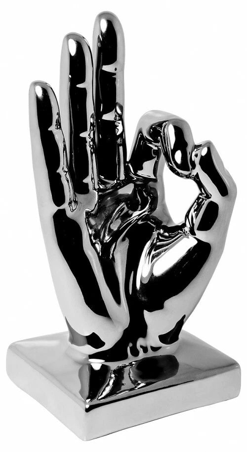 Silver ceramic hand OK sign sculpture